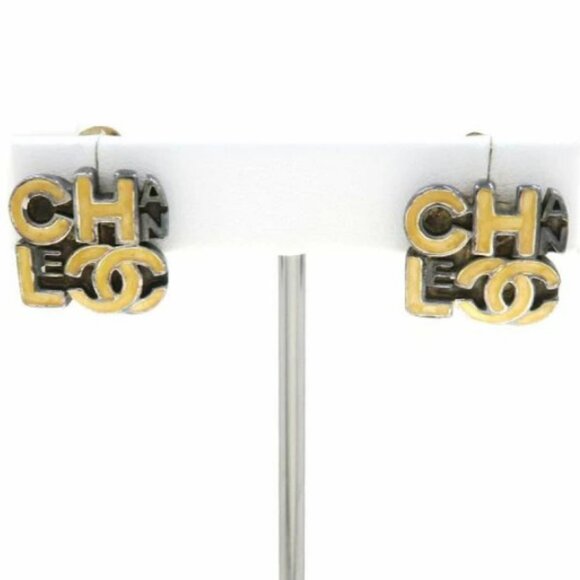 CHANEL CC Logos Yellow Clip-On Earrings Silver Tone 00T Auth #7979 - Picture 1 of 8